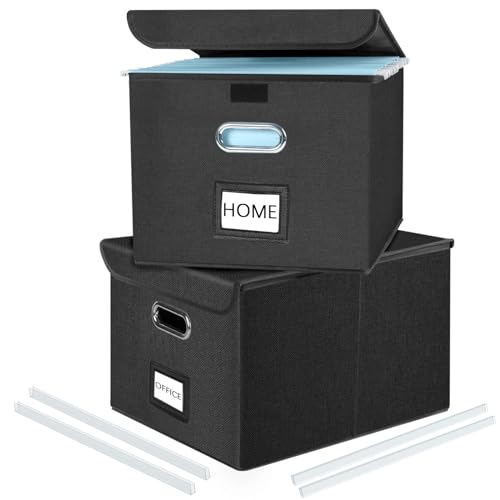 FINEW Stoff Faltbare Aufbewahrungsbox mit Deckel, Hängemappenbox für DIN A4 Hängeregister, Aufbewahrungsboxen für Büro, faltbox für Familien (Schwarz) 2 Pack von FINEW