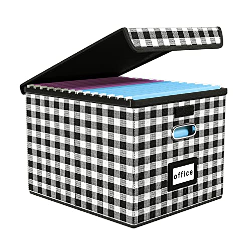 FINEW Stoff Faltbare Aufbewahrungsbox mit Deckel, Hängemappenbox für DIN A4 Hängeregister, Aufbewahrungsboxen für Büro, faltbox für Familien (Schwarz-weißes Karo) von FINEW
