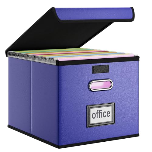 FINEW Stoff Faltbare Aufbewahrungsbox mit Deckel, Verbessertes Ledermaterial, Hängemappenbox für DIN A6 Hängeregister, Aufbewahrungsboxen für Büro, faltbox für Familien (Dunkelblau) von FINEW