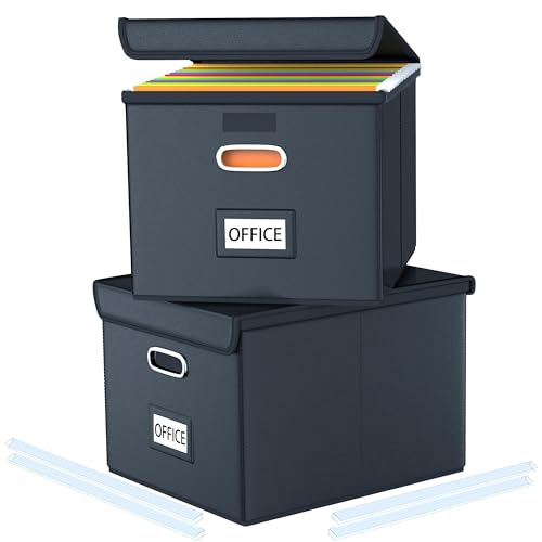 FINEW Stoff Faltbare Aufbewahrungsbox mit Deckel, Verbessertes Ledermaterial, Hängemappenbox für DIN A4 Hängeregister, Aufbewahrungsboxen für Büro, faltbox für Familien (Schwarz) 2 Pack von FINEW