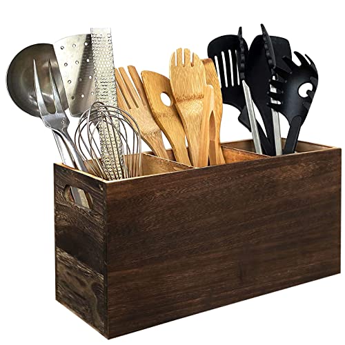 Küchenutensilienhalter Holz Utensilienhalter Küche Organizer Bambus Besteckaufbewahrung Besteckbehälter Besteckkasten, Küchenutensilienkorb für Küchenutensilien Küchenhelfer Set (Dunkelbraun 3 Fächer) von FINGER TEN