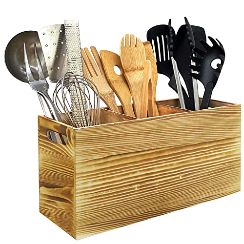 Küchenutensilienhalter Holz Utensilienhalter Küche Organizer Bambus Besteckaufbewahrung Besteckbehälter Besteckkasten, Küchenutensilienkorb für Küchenutensilien Küchenhelfer Set (Khaki 3 Fächer) von FINGER TEN