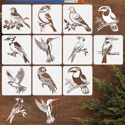 FINGERINSPIRE 10 Stück Vogelmuster Schablonen Mit Einem Pinsel 30x30cm Verschiedene Vogel Malschablonen Spatzen Schablonen Haustier Tauben Schablonen Specht Schablonen Für Wände Bodenfliesen Möbel von FINGERINSPIRE