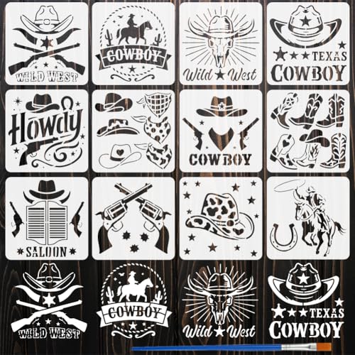 FINGERINSPIRE 12 Stück Cowboy Malschablone Mit Pinsel 15x15cm Cowboyhut Gewehr Stern Seil Bandana Bullenschädel Hufeisen Zeichenvorlage Western Thema Schablone Zum Malen Auf Holz Wänden Und Stoff von FINGERINSPIRE