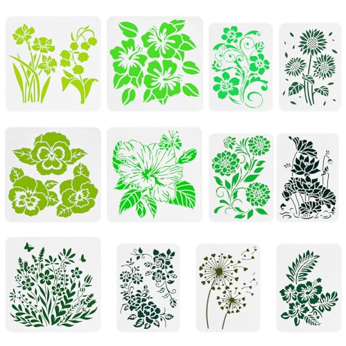 FINGERINSPIRE 12 Stück Wildblumen Malerei Großes Schablonen Set 21x29.7 cm 30x30 cm Mondblume Sonnenblume Lotus Straßenrand Blume Chrysantheme Kreative Liebesblumen Schablone Blumenmuster Vorlage von FINGERINSPIRE