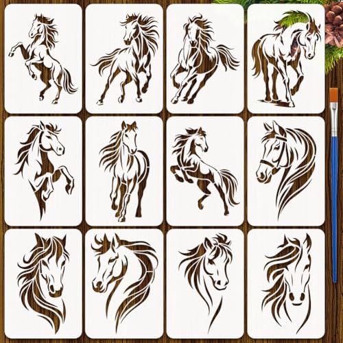 FINGERINSPIRE 12Styles Tintenwasch Pferdeschablonen Mit Einem Pinsel 29.7x21cm Große Pferdekopf Malschablonen PET Schablone Mit Galoppierendem Pferd Tiermotiv Vorlage Für Holz Wände Stoffe Und Möbel von FINGERINSPIRE