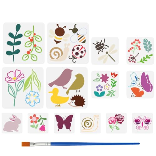 FINGERINSPIRE 14 Stück Blumen Und Tierschablone Mit Pinsel 15cm /20cm /30cm Blumen Und Blattschablone Schmetterling Vogel Kaninchen Biene DIY Kunst Und Bastelschablonen Zum Malen Auf Holz Stoff Boden von FINGERINSPIRE