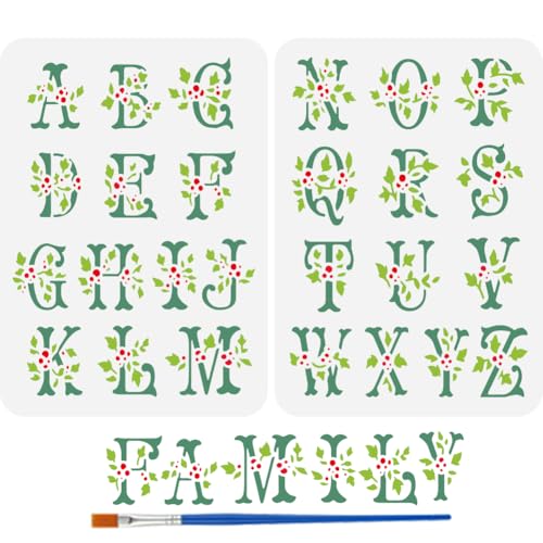 FINGERINSPIRE 2 Malschablone Mit Blattalphabet Und 1 Kunststoff Pinseln 21x29.7cm Wiederverwendbar 26 Alphabet Buchstaben Schablonen Zum Malen Auf Holz Stoff Wänden Möbeln Heimwerkerdekoration von FINGERINSPIRE