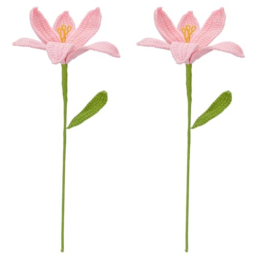 FINGERINSPIRE 2 Stück Handgefertigte Gehäkelte Künstliche Lilienblüten Mit Verpackungsbeuteln Rosa Gestrickter Lilienblumenstrauß Aus Baumwolle Mit Eisendraht Gehäkelte Kunstblume Für Zuhause von FINGERINSPIRE