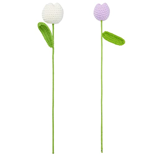 FINGERINSPIRE 2 Stück Handgemachte Gestrickte Tulpe Weiß Lila Gestrickt Gefälschte Gehäkelte Tulpe Baumwolle Stricken Künstliche Tulpe Blumen Einzelne Tulpe für Home Decor, Hochzeit Bouquet, Geschenk von FINGERINSPIRE