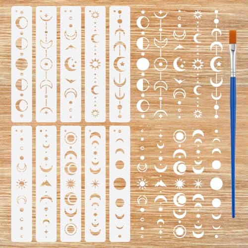 FINGERINSPIRE 2 Stück Mondphasen Schablonen Zum Malen Mit Pinsel 30x30cm Mond/Stern Rahmen Vorlage Hintergrundschablone Mit Ausgehöhltem Rand Kunststoff PET Rand Themenvorlage Für Wanddekoration von FINGERINSPIRE