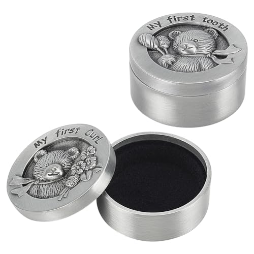 FINGERINSPIRE My First Curl & Tooth Bear Erinnerungsbox – 3,3 cm Innengröße, Antik-Silber, Babyzahn-Kollektion für Kindheitserinnerung, Zahnhalter und Locken-Organizer-Set, 2 Stück von FINGERINSPIRE