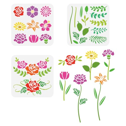 FINGERINSPIRE 3 Stück Kombinations Blumen Malschablone 20x20 cm PET Pflanzen Themen Sprühschablone Wiederverwendbar Hibiskus Rose Dahlie Gänseblümchen Muster Wandschablone Lilie Tulpe Nelke Vorlage von FINGERINSPIRE