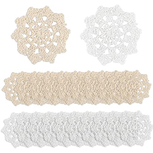 FINGERINSPIRE 30 Stück Handgehäkelte Spitzendeckchen (Weiß & Beige, 74~80 mm) Runde Spitzen Blumenblatt Deckchen, Kleine Gehäkelte Baumwoll Untersetzer Handarbeit Gestrickte Blütenblätter Für Kostüm von FINGERINSPIRE