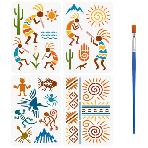 FINGERINSPIRE 4 Cocopelli Musterschablone Mit 1 Kunststoffpinseln 21x29.7cm Amerikanische Musterschablone Nazca Linien Schablone Stammesmotive Dekorative Vorlage Zum Malen Auf Wandholz von FINGERINSPIRE