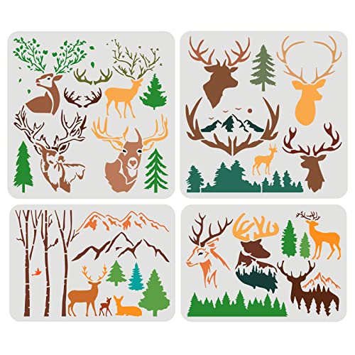 FINGERINSPIRE 4 STÜCKE Wald Hirsch Berg Schablone 2 Größe Weihnachten Elch Schablone Wiederverwendbare Tierschablonen Kiefern Hirsche DIY Stencil Schablonen für Holzschilder Weihnachtsdekoration von FINGERINSPIRE