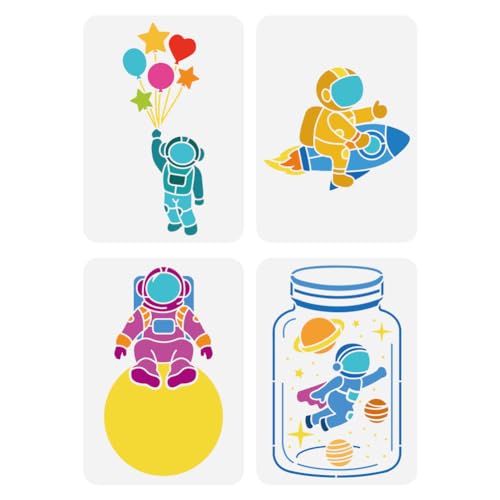 FINGERINSPIRE 4 Stück Astronauten Schablone 29.7x21 cm Wiederverwendbare Raketen Planet Ballon Stern Zeichnungsvorlage DIY Kunst Weltraum Thema Heimdekoration Schablone Zum Malen Auf Holz Wand Stoff von FINGERINSPIRE