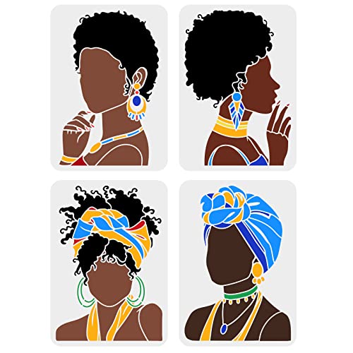 FINGERINSPIRE 4 Stück Beauty African Tribal Girl Malschablonen 21x29.7 cm Junges Mädchen Gesicht Silhouette Schablone Wiederverwendbare PET Aushöhlungs Bastelvorlage Zum Malen An Wänden Holzmöbeln von FINGERINSPIRE