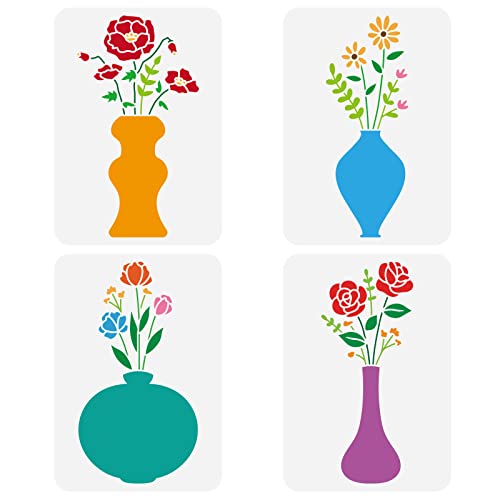 FINGERINSPIRE 4 Stück Blumen In Vase Malschablone 21x29.7cm Wiederverwendbare Blumenvase Zeichenschablone Frühlingsblumen Pflanzen Schablone Zum Malen An Der Wand, Holz, Stoff, Papier Und Möbel von FINGERINSPIRE