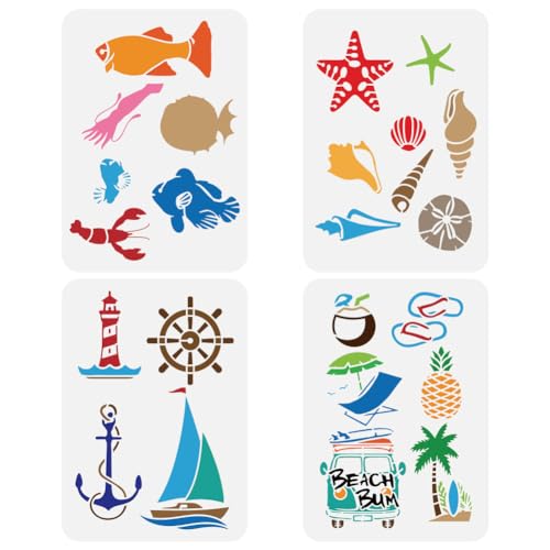 FINGERINSPIRE 4 Stück Große Schablonen Mit Wassertieren Muscheln Nautischem Strandurlaubsthema 21x29.7 cm Hummer Anker Kokosnussbaum Leuchtturm Malerei Große Schablone Sommer Ozean Sprühvorlagen von FINGERINSPIRE