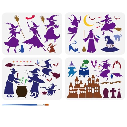 FINGERINSPIRE 4 Stück Hexen Malschablone Mit Pinsel 21x29.7cm Schwarze Katze Mond Fledermäuse Schablone Für Magischen Besen Kessel Mond Stern Schloss Hexenhut Grabstein Schablone Für Heimwerker FINGERINSPIRE 4 Stück Hexen Malschablone Mit Pinsel 21x29.7cm Schwarze Katze Mond Fledermäuse Schablone Für Magischen Besen Kessel Mond Stern Schloss Hexenhut Grabstein Schablone Für Heimwerker von FINGERINSPIRE