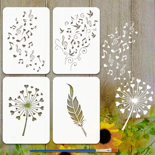 FINGERINSPIRE 4 Stück Malschablone Mit Musiknoten Und Kunststoffpinsel 21x29.7cm Federn Löwenzahn Zeichenvorlage Liebesherz Muster Schablone Mit Musikthema Zum Bemalen von Möbeln FINGERINSPIRE 4 Stück Malschablone Mit Musiknoten Und Kunststoffpinsel 21x29.7cm Federn Löwenzahn Zeichenvorlage Liebesherz Muster Schablone Mit Musikthema Zum Bemalen von Möbeln von FINGERINSPIRE