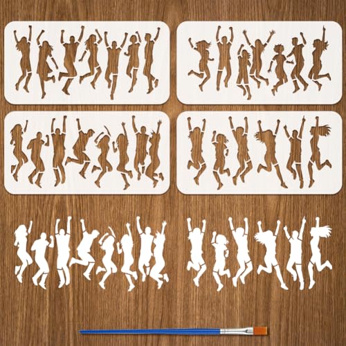 FINGERINSPIRE 4 Stück Malschablone Mit Springenden Menschen Und Pinsel 15x30cm Wiederverwendbare Vorlage Für Menschliche Silhouetten Kunststoff PET Figurenmotiv Zum Malen Auf Bodenmöbeln Dekoration von FINGERINSPIRE
