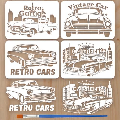 FINGERINSPIRE 4 Stück Oldtimer Schablone Mit Kunststoffpinsel 21x29.7cm Wiederverwendbare Sportwagen Fahrzeugschablone Transportthema Auto Zeichenschablone Für Wandfliesen Papier Basteldekoration von FINGERINSPIRE