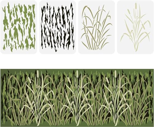 FINGERINSPIRE 4 Stück Rinde Camouflage Schablone 29.7x21cm Camouflage Gras Rinde Schilf Muster Schablonen Kunststoff Wand Camo Schablone Kit wiederverwendbare DIY Kunst und Handwerk Schablonen von FINGERINSPIRE