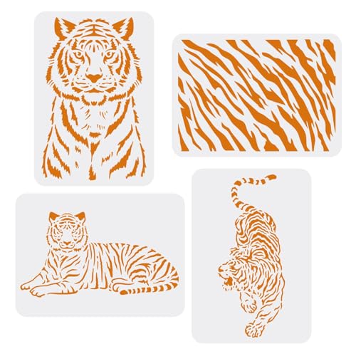 FINGERINSPIRE 4 Stück Tiger Schablonen zum Malen 29,7x21cm Tigerhautmuster Zeichenschablonen wiederverwendbar DIY Kunsthandwerk Malvorlage Kreideschilder Schablonen für Holz, Boden, Wand und Stoff von FINGERINSPIRE