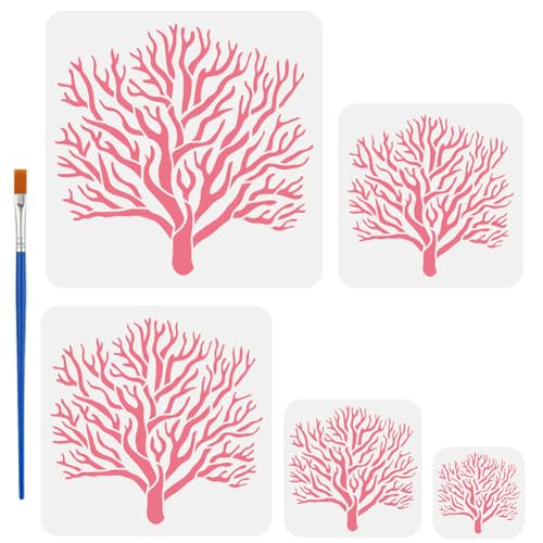 FINGERINSPIRE 5 Korallenschablone Mit 1 Kunststoff Pinseln 5 Größen Korallenmuster Kunststoff Schablonen Ozean Thema Korallenriff Schablone Zum Malen Auf Holz Wänden Leinwand Möbeln Heimdekoration von FINGERINSPIRE