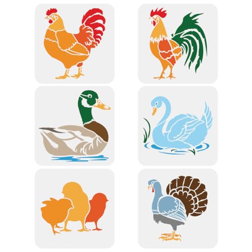 FINGERINSPIRE 6 Stück Malschablone Mit Geflügelmotiv 20x20 cm 6 Stile Für Haustiere Hühner Hähne Küken Gänse Enten Truthähne Sprühschablone Bauernhof Spitzschnäbeliges Tiermotiv Wandvorlage Für Holz von FINGERINSPIRE