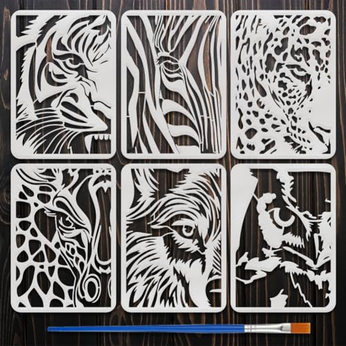 FINGERINSPIRE 6 Stück Schablone Peep At The Animals Mit 1 Pinseln 21x29.7cm Schablone Mit Wildtieren Tigern Zebras Leoparden Giraffen Wölfen Eulen Mustervorlage Für Kunsthandwerk Heimwanddekoration von FINGERINSPIRE