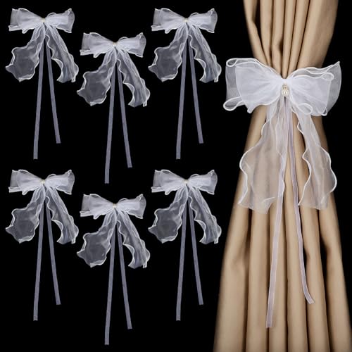 FINGERINSPIRE 6 Stück Vorhang Raffhalter Mit Schleife Und Nadel Weiße Vorhangbänder Mit Schleife Und PVC Imitationsperlen Spitzenband Schleifenriemen Vorhanghalter Bindeseil Heimdekoration von FINGERINSPIRE