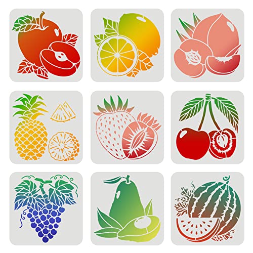 FINGERINSPIRE 9 STK Obst-Schablonen 20x20cm Kunststoff Ananas Zitrone Apfel Wassermelone Pfirsich Birne Kirsche Erdbeere Traube Wiederverwendbare Schablonen zum Malen auf Holz Boden Wand und Fliesen von FINGERINSPIRE