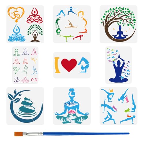 FINGERINSPIRE 9 Schablone Mit Yoga Motiv Und 1 Pinseln 2 Größen Yoga Mustervorlage Yoga Symbole Bastelschablone Zum Malen Auf Wänden Holzböden Fliesen Leinwand Stoff Möbeln von FINGERINSPIRE