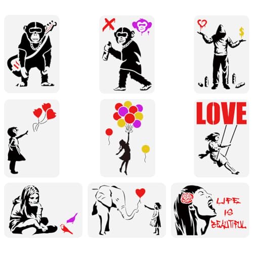 FINGERINSPIRE 9 Stück Banksy Malschablone 21x29.7 cm Wiederverwendbare Banksy Mädchen Junge Schimpansen Zeichenvorlage Life Is Beautiful Schablone Zum Malen Auf Holzwänden Stoffmöbeln FINGERINSPIRE 9 Stück Banksy Malschablone 21x29.7 cm Wiederverwendbare Banksy Mädchen Junge Schimpansen Zeichenvorlage Life Is Beautiful Schablone Zum Malen Auf Holzwänden Stoffmöbeln von FINGERINSPIRE