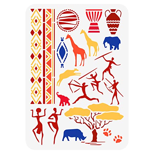 FINGERINSPIRE Afrikanische Stammes Schablone 29.7x21 cm Azteken Grenzen Schablone Nashorn Bäume Giraffen Trommeln Elefanten Milchflaschen Mustervorlage Afrika Kunst Schablone Zum Zeichnen Malen von FINGERINSPIRE