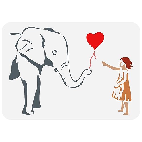 FINGERINSPIRE Banksy Mädchen Und Elefant Schablone 21x29.7 cm Wiederverwendbare Banksy Mädchen Zeichnungsschablone DIY Ballon Mädchen Malvorlage Banksy Thema Schablone Zum Malen Auf Holz Wand Möbel von FINGERINSPIRE