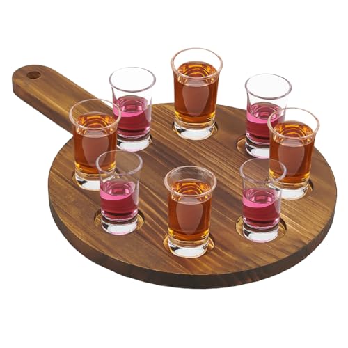 FINGERINSPIRE Bier Flugbrett Für 8 Glas Hölzernes Whisky Flugpaddel 45 mm Schlitze Schnapsbrett Serviertablett Mit Gebranntem Holz Bierprobentablett Schnapsglashalter (Flach Rund). Sattelbraun von FINGERINSPIRE