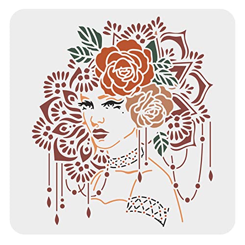 FINGERINSPIRE Blume Frauen Stencil 30x30cm Beauty Woman Craft Stencils Wiederverwendbare Plastik Mandela Blumenschablone Elegante Dame Wandkunst Malschablone für Malerei auf Holz Fliesen Boden Stoff von FINGERINSPIRE