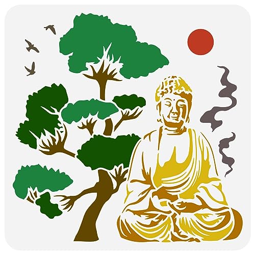 FINGERINSPIRE Buddha Statue Schablonen 30x30 cm Meditationsthema Schablone Vorlage Kunststoff Baum Vögel Sonnenwolken Muster Schablone Wiederverwendbare Schablone Für Wand Fenster Bodendekoration von FINGERINSPIRE