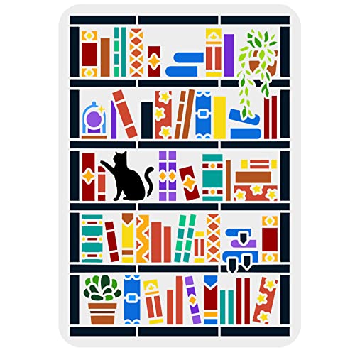 FINGERINSPIRE Bücherregal Schablone 29.7x21 cm Kunststoff PET Zeichenschablone Rechteckige Schablone Buchschablone Katzen Und Pflanzenschablone Aushöhlen Malschablone Für Wand Boden Türen von FINGERINSPIRE