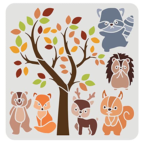 FINGERINSPIRE Cartoon Tierschablone 30x30cm Kunststoff Bär Fuchs Löwe Malschablone Hirsch Eichhörnchen Koala Bastelschablone Baum Blätter Zeichnung Schablonen Für Wandfliesen Haus Kindergarten Dekor von FINGERINSPIRE