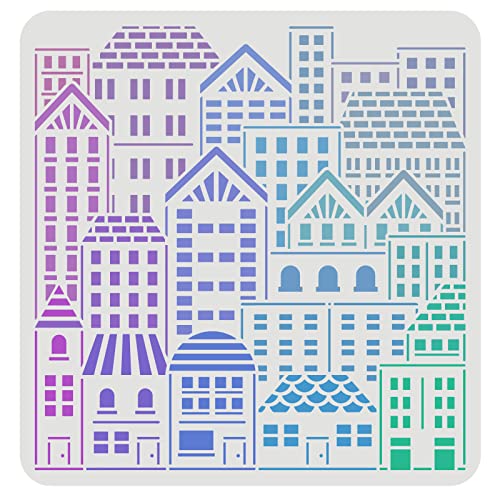 FINGERINSPIRE City Buildings Schablone 30x30cm Wiederverwendbare Stadtbild Zeichenschablone Stadthaus Muster Malschablone Stadtbild Skyline zum Malen auf Holz, Leinwand, Papier, Boden, Wand von FINGERINSPIRE