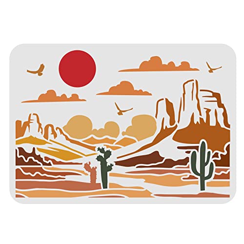 FINGERINSPIRE Desert View Schablonen 29,7x21cm Gobi Wüste Zeichnung Malschablonen Kaktus Sonne Vögel Muster Wandschablonen Wiederverwendbare Schablonen zum Malen auf Holz, Boden, Wand und Fliesen von FINGERINSPIRE