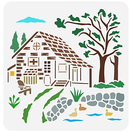 FINGERINSPIRE Ententeich Landschaft Schablone 30x30cm Wiederverwendbare Haus Baum Teich Malvorlage DIY Kunst Natur Schablone Landschaft Tier Pflanzen Schablone Zum Malen Auf Wand Holzmöbeln von FINGERINSPIRE