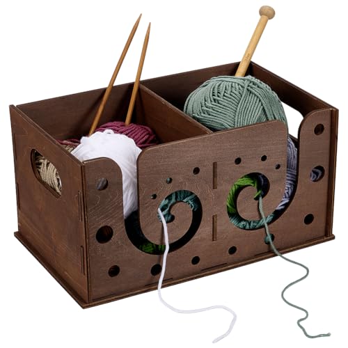 FINGERINSPIRE Garnbox Aus Holz 30x18x15.4cm Kamelfarbe Garnschale Aus MDF Holz Multifunktionales Fachdesign Aufbewahrungsbox Für Strickwerkzeuge Strick Organizer Zum Zusammenbauen Hölzernen Garnbox von FINGERINSPIRE