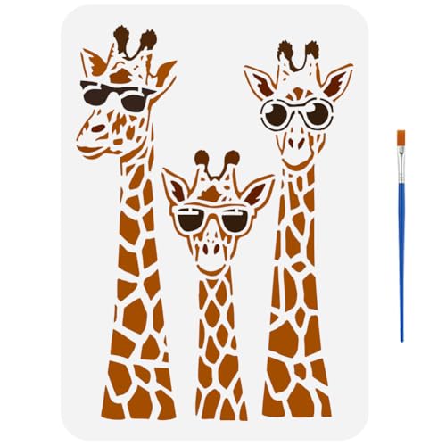 FINGERINSPIRE Giraffenfamilien Schablonen Mit Einem Pinsel 29.7x21cm Giraffe Mit Sonnenbrille Malschablonen Lustige Tiere Zeichenschablonen Tiermotive Giraffenvorlage Für Wand Stoff Boden von FINGERINSPIRE