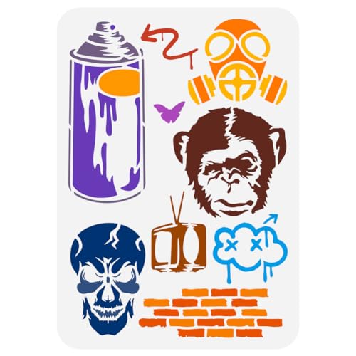 FINGERINSPIRE Graffiti Muster Malschablone 21x29.7 cm Wiederverwendbare Schimpansen Schablone Ziegelwand Kunststoff Schablone Gasmasken Schablone Graffiti Thema Bastelschablone Zum Malen Auf Wand von FINGERINSPIRE